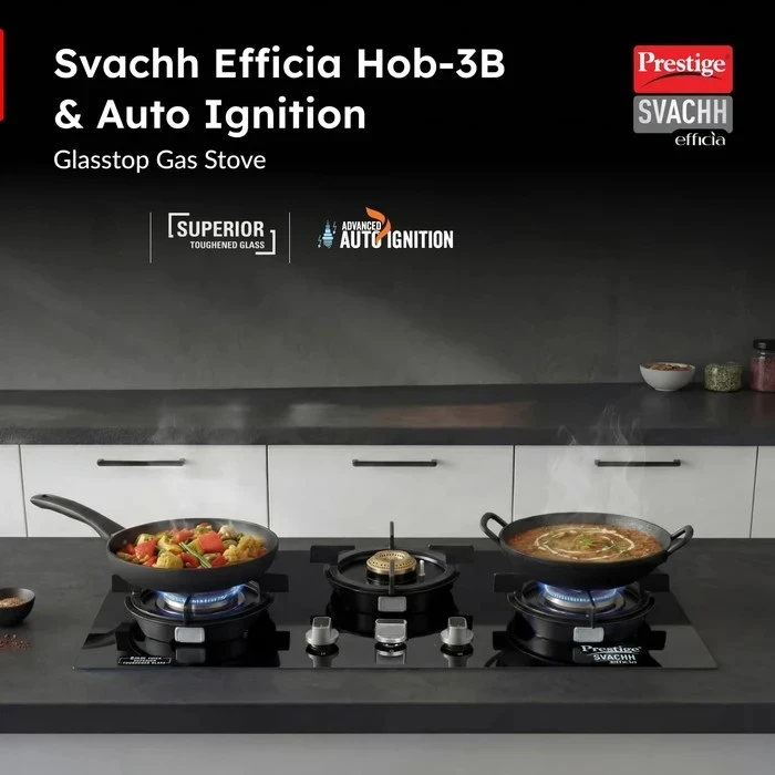 Prestige Svachh Efficia Liftable Toughened Glass Top Auto Ignition Gas Hob (2 Burner / 3 Burner) | Dual Use Freestanding & Built-in Kitchen Hobtop - Model 40595 / 40596
