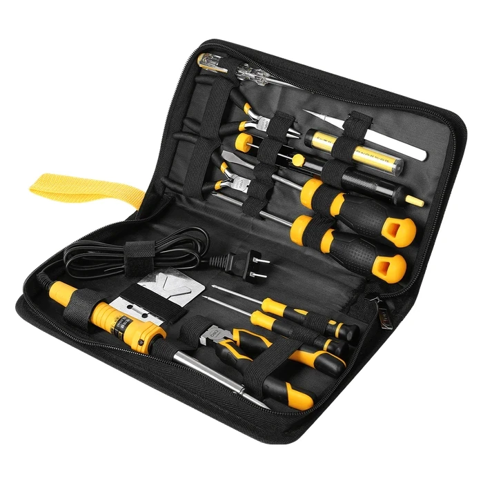 Deli 13-Piece Professional Electrician & Electronics Tool Set | Heavy-Duty Soldering Iron Kit, Desoldering Pump, Precision Pliers, Test Pencil & Screwdrivers | EDL-C1013E