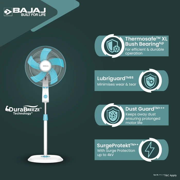 Bajaj Penta Robusto 400MM 5-Blade Pedestal Fan | DuraBreeze 100% Copper Motor 75 CMM SurgeProtekt 4kV 3-Year Warranty Icy Blue & White 252109