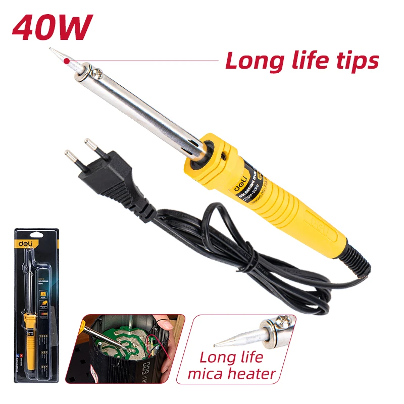 Deli Precision Soldering Iron 40W Quick Heat Nickel-Chromium Core with Mica Insulation & Safe PRT Handle (Yellow) | EDL8840