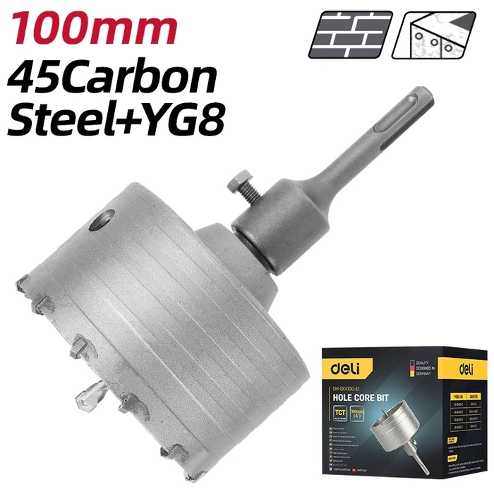 Deli Tools 100mm TCT Hole Core Bit | 220mm Length SDS-Plus Masonry Crown Drill for Concrete, Brick & Foam Walls | EDH-QKK100-E1