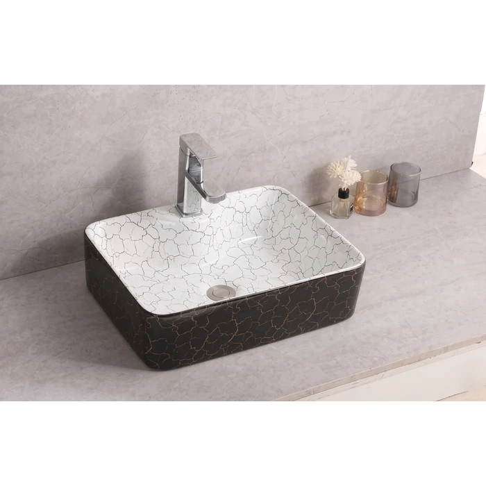 Toyo Daf-430 Ceramic Countertop Art Basin 15"x19.5" | Crack Art White & Black Double Finish | Stain Resistant Easy to Clean Bathroom Wash Basin | 490x380x140mm