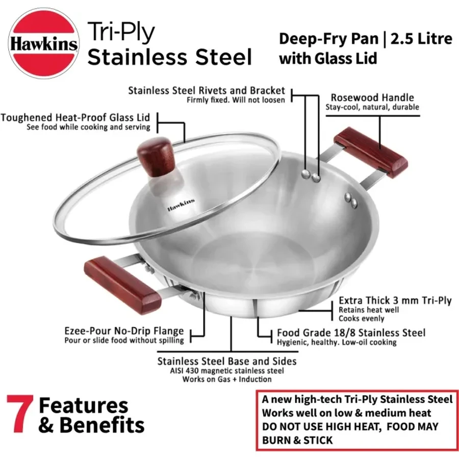 Hawkins SSD25G 2.5L Tri-Ply Stainless Steel Deep Fry Pan (Kadhai) with Glass Lid | 26 cm | Rosewood Handles | Induction & Gas Compatible