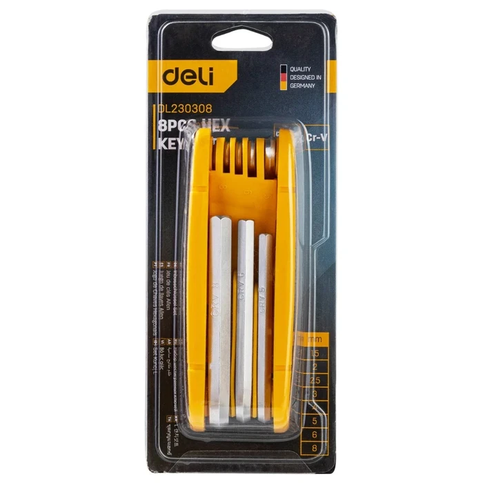 Deli 8PCS Foldable Flat End Pocket Hex Key Set | Premium Polished CR-V Steel Metric Allen Wrench Kit 1.5mm to 8mm with Wear-Resistant Markings | EDL230308