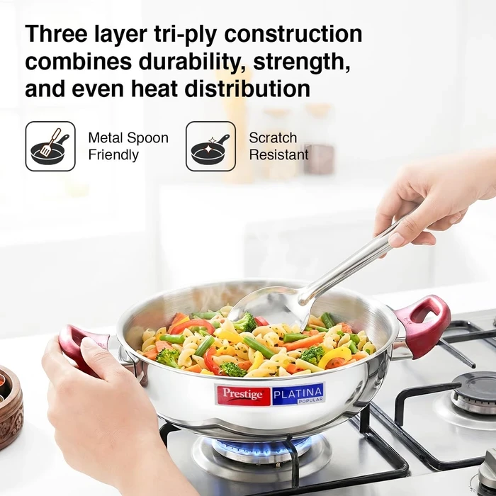 Prestige Platina Popular Stainless Steel Induction Base Kadai with Tempered Glass Lid (26 CM / 3.8L & 28 CM / 4.6L) | Gas & Induction Compatible - Model 36887 / 36888