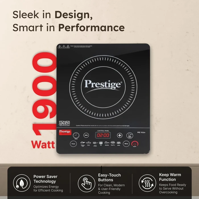 Prestige PIC 15.0+ 1900W Induction Cooktop with Automatic Voltage Controller | Feather Touch Glass Top Countertop Stove - Model 41958