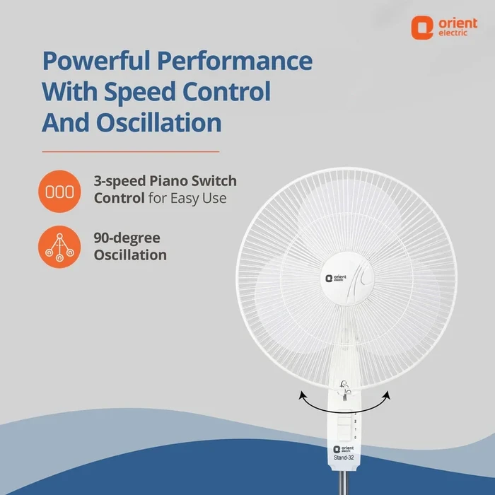 Orient Pedestal Fan | 400mm Sweep Size High-Velocity 84CMM Air Delivery | 58W Energy-Efficient Motor Stand Fan | Signal White | Stand 32