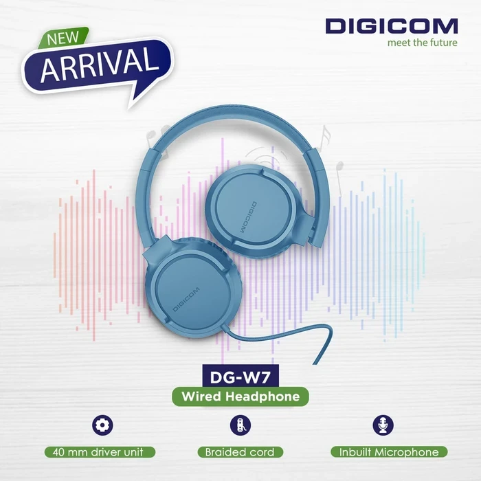 Digicom W7 Wired Headphones | 40mm Neodymium Driver Logic | Tangle-Proof Braided Cord & Inline Microphone | Blue, Black & Grey