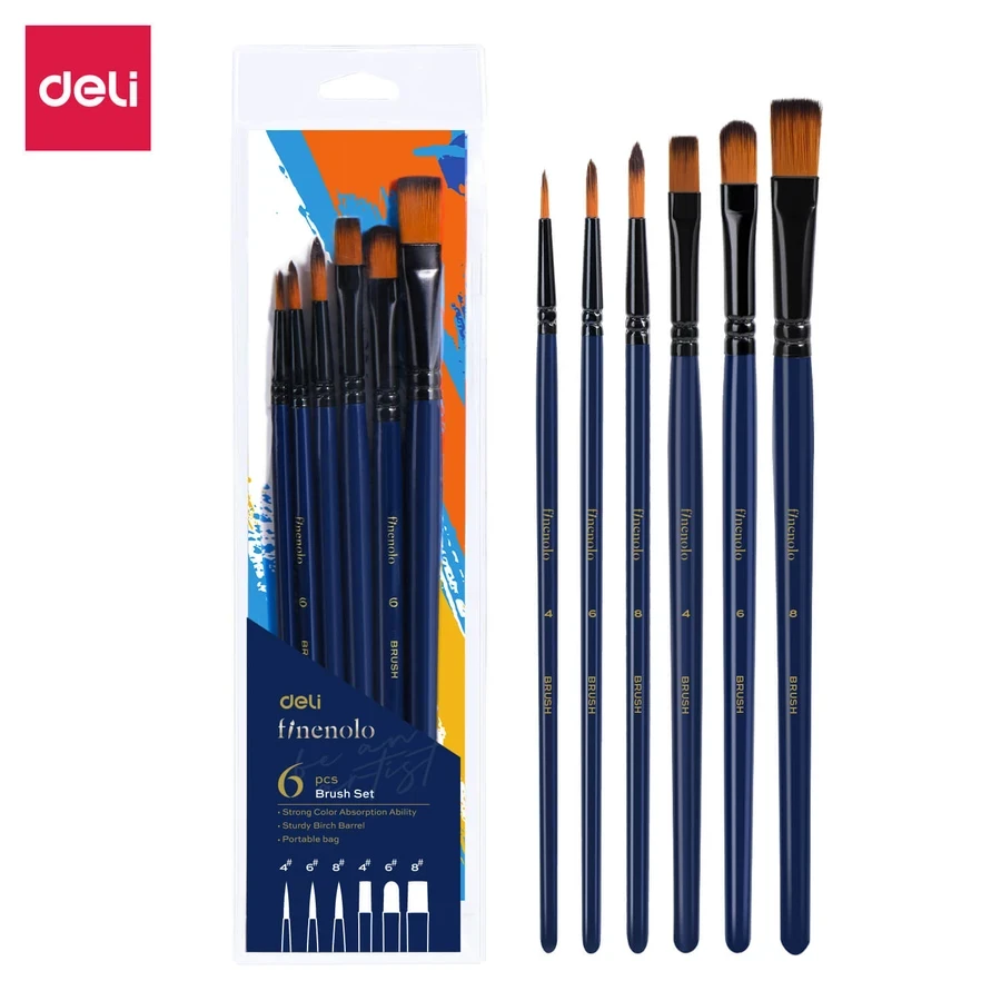 Deli 6-Piece Water Colour Brush Set | Soft Nylon Bristles, Solid Birch Wood Barrels & Portable Case | EC277