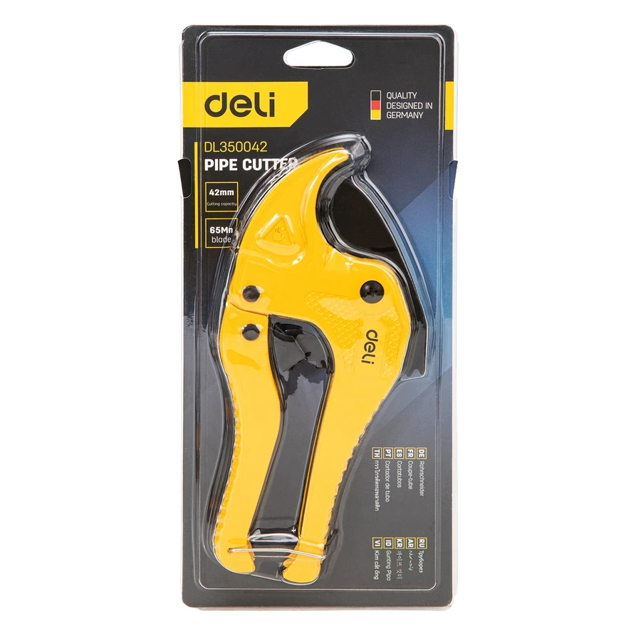 Deli 42mm Professional Ratchet Pipe Cutter | Heavy-Duty 65Mn Stainless Steel Blade PVC/PPR/PEX Shears with Aluminum Alloy Body | EDL350042 (Yellow)