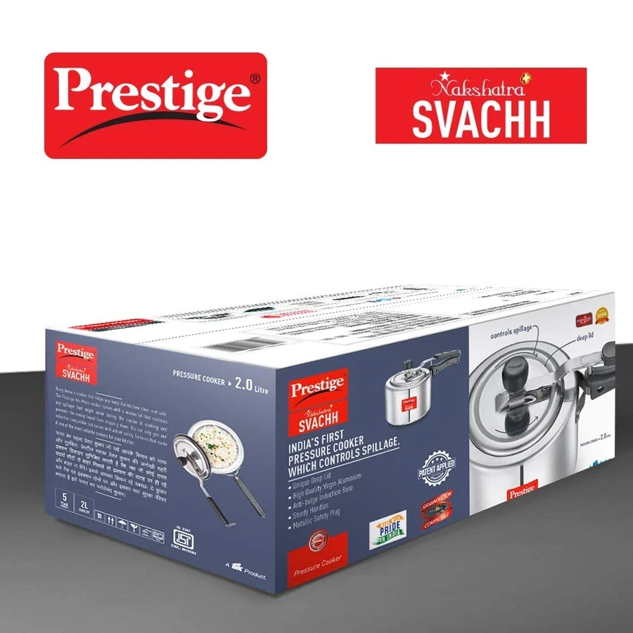 Prestige Nakshatra Plus Svachh Straight Wall 3L Stainless Steel Pressure Cooker | Deep Lid Spillage Control Alpha Induction Base (Gas & Induction Compatible) - Model 10733