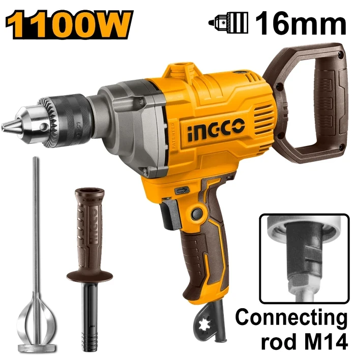 INGCO 1100W Heavy-Duty Electric Paint & Mortar Mixer Drill (0–680 RPM, 16mm Chuck, Forward/Reverse, Aluminum Gearbox) with Mixing Paddle & Carbon Brushes | MX11008