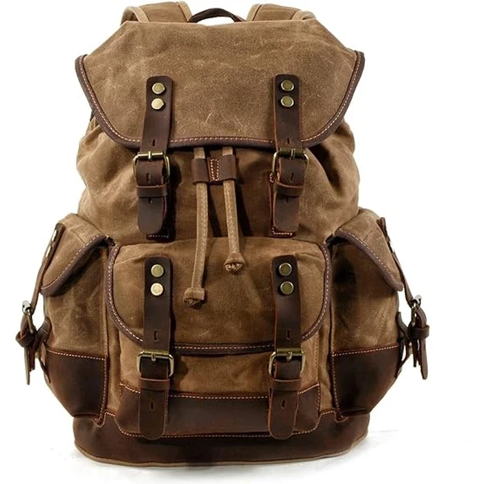 COTECi Vintage Canvas Crossbody Bag | Multi-Functional Messenger Sling Backpack | Adjustable Shoulder Straps with Tan Faux-Leather Accents | Brown/Grey