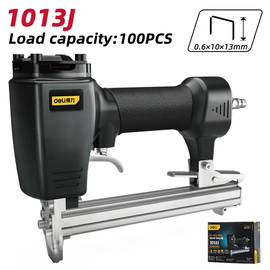 Deli Pneumatic Brad/Staple Nailer (1013J) | 10–22mm Fastener Capacity 100-Staple Magazine Air Tacker with Durable Alloy Head (Black) | EDL-QDQ-1013J