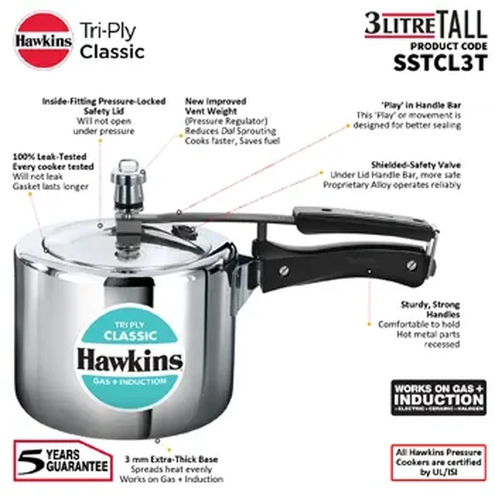 Hawkins Classic 3L Tall Tri-Ply Stainless Steel Pressure Cooker | Wider Mouth, 3mm Extra-Thick Heat Diffusing Body | Gas & Induction Friendly | Model SSTCL3T