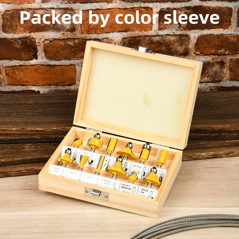 Deli 12-Piece Professional 6mm Shank TCT Woodworking Router Bits Set | Comprehensive Edge Profiling Kit with Straight, Chamfer, Round Over & V-Groove Bits in Wooden Case (Yellow) | EDH-MXD006-EH1