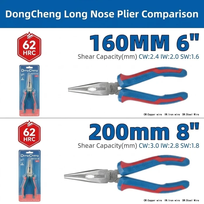Dongcheng DG Long Nose Plier Series (6"/160mm & 8"/200mm) | Fine Serrated Jaws with Integrated Induction-Hardened Wire Cutters & Two-Color Soft Handles | DG Series