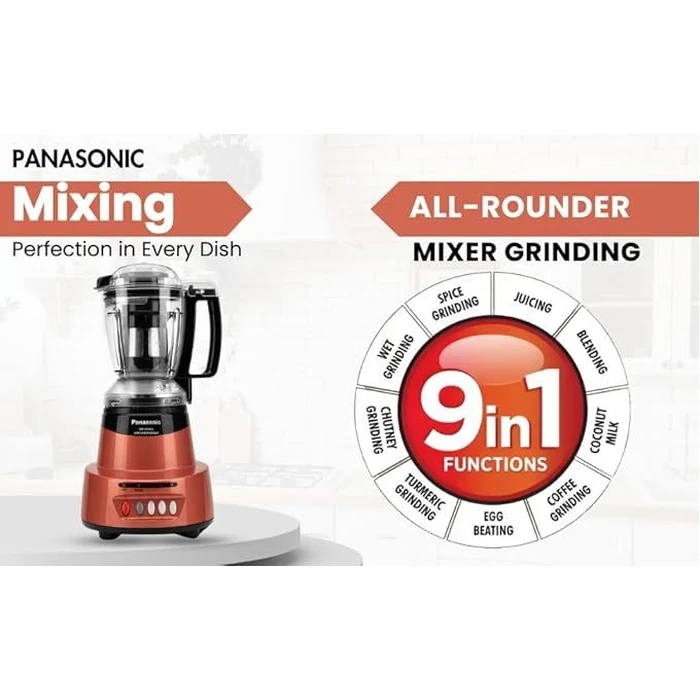 Panasonic 600W Elements Mixer Grinder with 3 Stainless Steel Jars & 1 Juicer Jar | Safety Lock Overload Protection | Wet Dry Blending Chutney Grinding Quartz Yellow/Rustic Red/Sunstone Orange/Charcoal