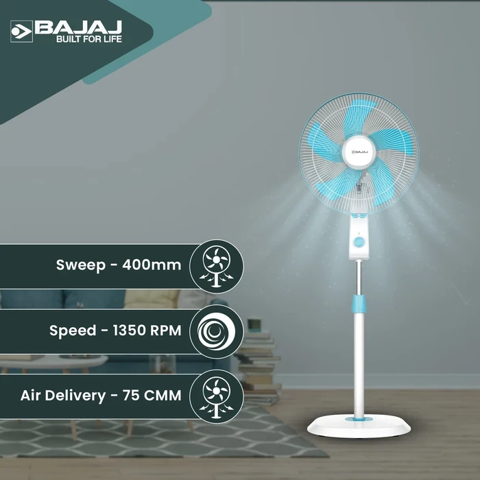 Bajaj Penta Robusto 400MM 5-Blade Pedestal Fan | DuraBreeze 100% Copper Motor 75 CMM SurgeProtekt 4kV 3-Year Warranty Icy Blue & White 252109