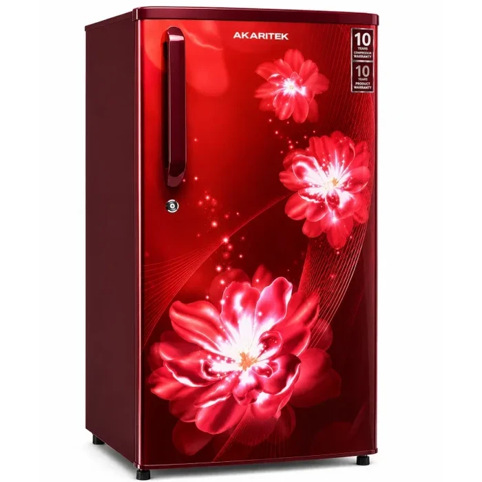 Akaritek 180L Single Door Direct Cool Refrigerator (Eco R600a, Stabilizer-Free) | Toughened Glass Shelves & Anti-Bacterial Gasket Floral Fridge in Blue & Red | AKGS180BF / AKDS180FR