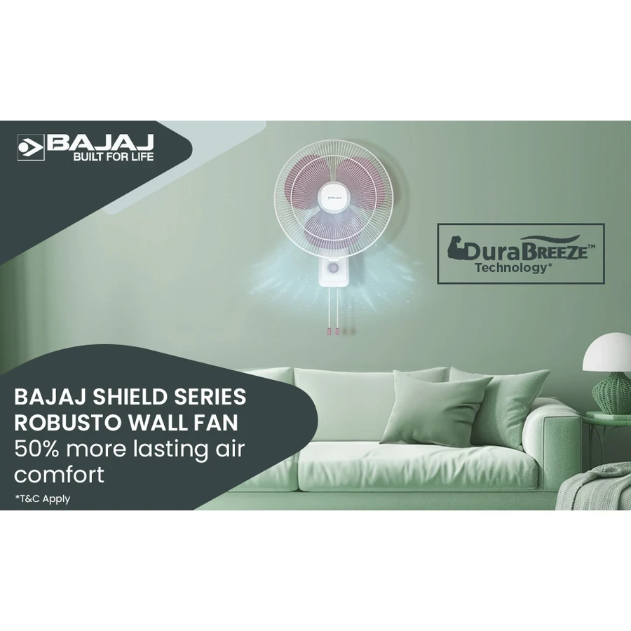 Bajaj Robusto 16" Wall Fan | High-Performance Shield Series Motor & 3 Aerodynamic Blades | Pull-Cord Regulation & Gloss Finish | Lavender & White | 252002