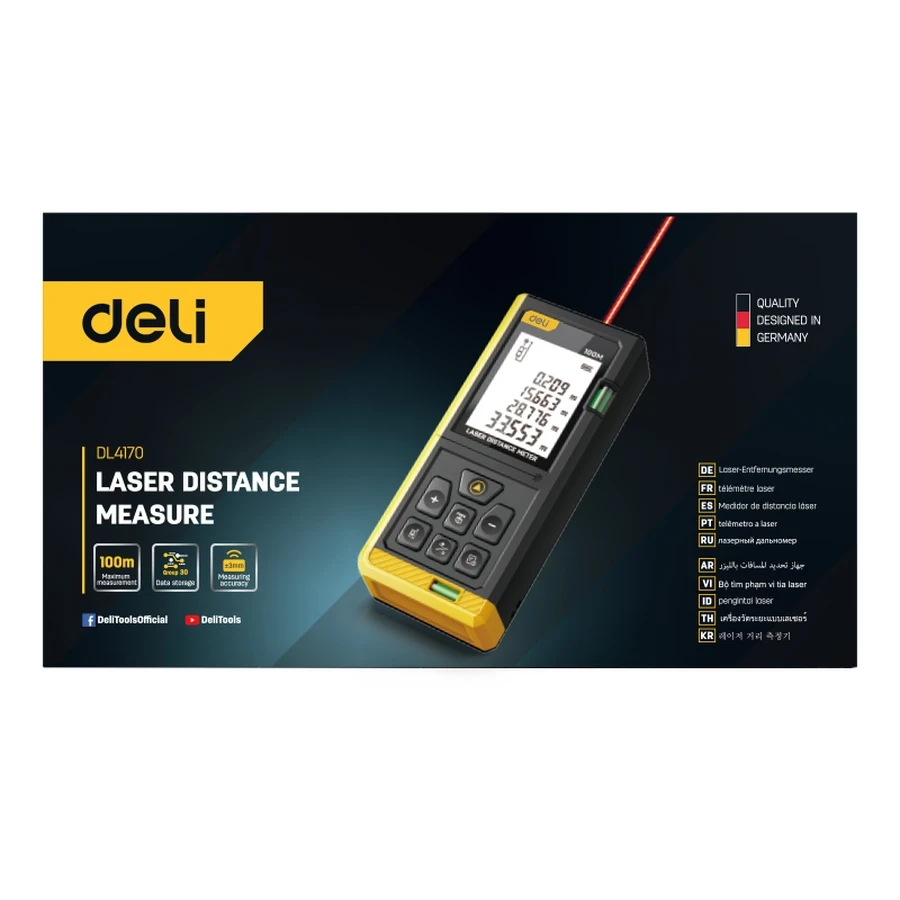 Deli 100M Professional Handheld Laser Distance Meter | Millimeter-Accuracy Rangefinder with 1.7" Screen, Dual Laser Projection & 30-Group Data Storage | EDL4170 Yellow