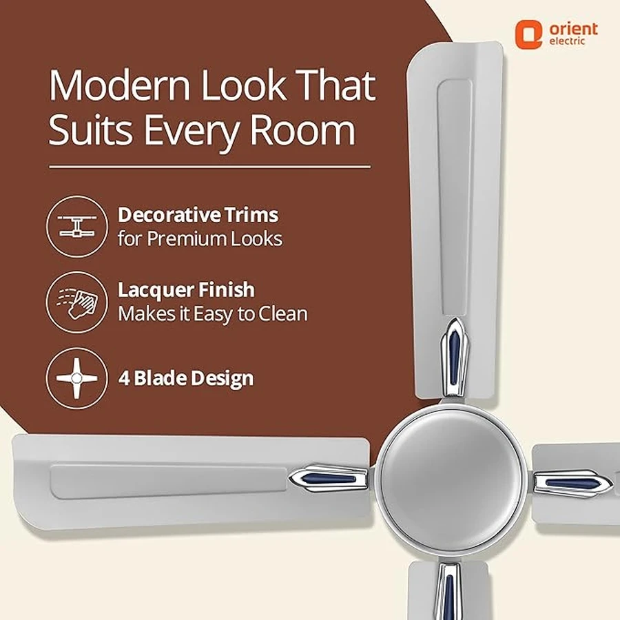 Orient Quadro Ornamental 4-Blade Ceiling Fan 60W | 1200mm | BEE Star Rated | 230 CMM Airflow | Silver Blue, Sea Green, Ivory Cherry & Golden Chocolate