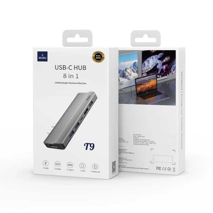 WIWU Alpha 8-in-1 USB-C Hub | Dual HDMI & Thunderbolt-3 5K Matrix | SD/TF Card Reader Logic | Grey | Alpha 521H
