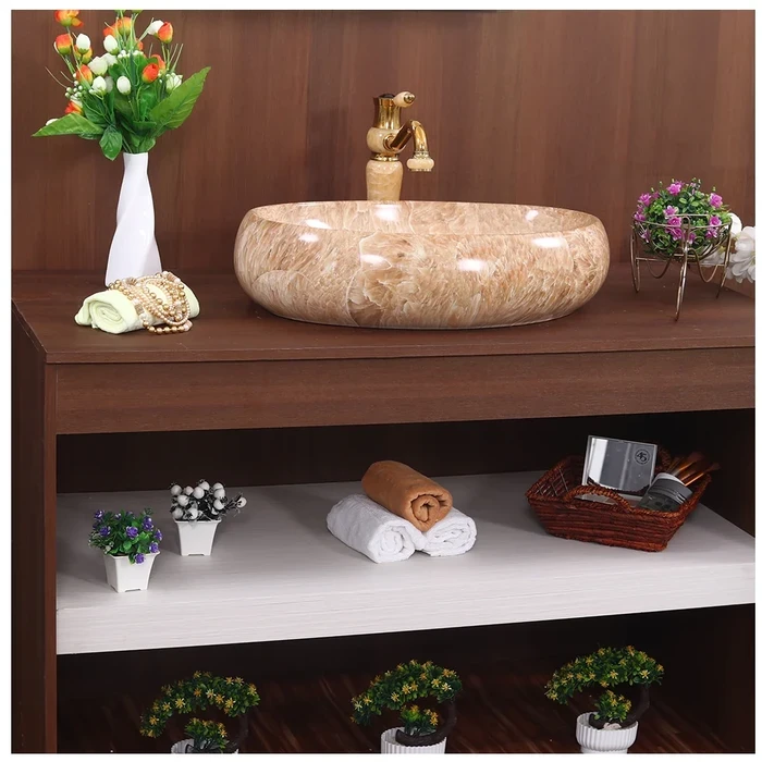Toyo Rose-121 Ceramic Countertop Art Basin 16"x24" | Brown Onyx Luxury Patterned Finish | Stain Resistant Easy to Clean Bathroom Wash Basin | 600x400x160mm