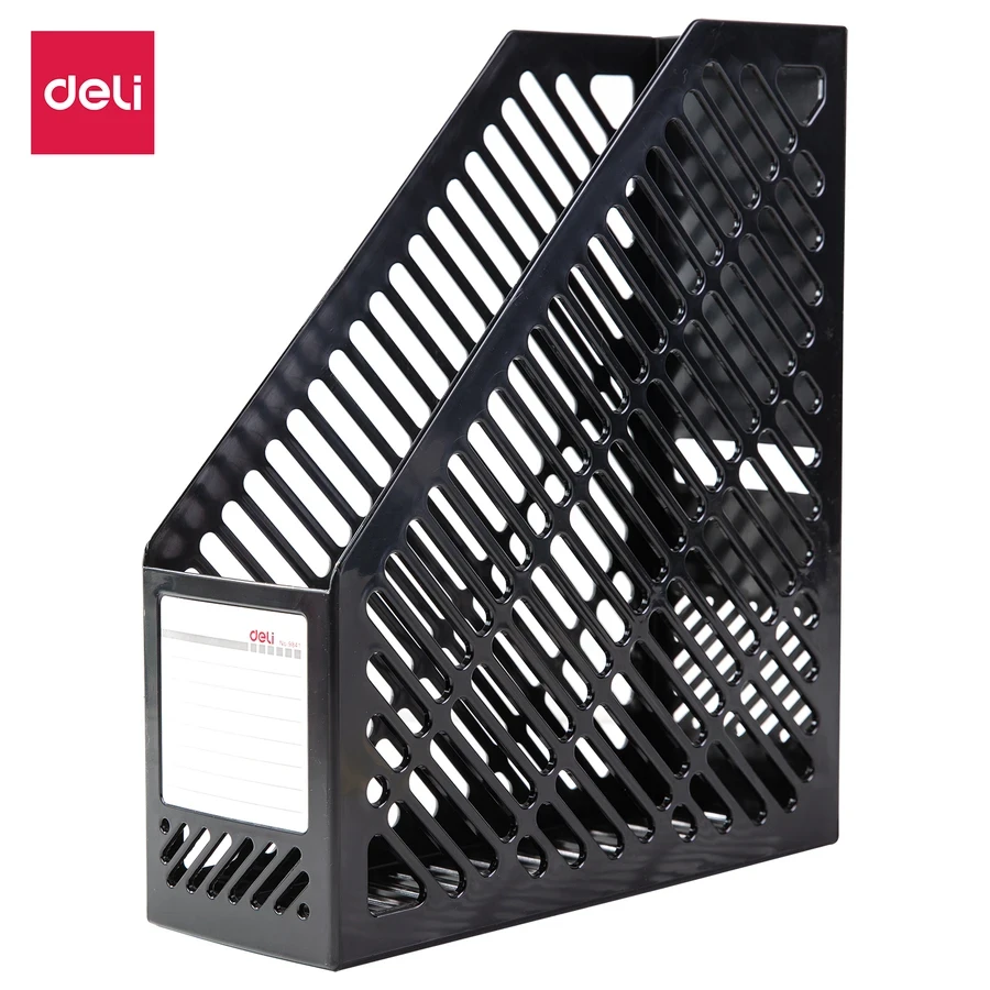 Deli Professional Vertical Desktop Magazine Container (259x90x295mm) | Heavy-Duty Plastic File & Document Storage Box (Black) | E9841