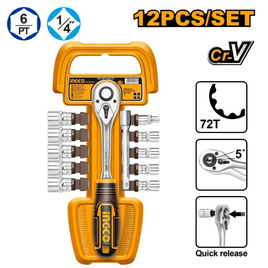 Professional 12 Pcs 1/4" Socket Set | HKTS14122 | High-Quality 50BV30 Cr-V Steel