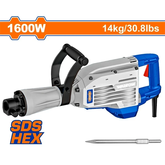 Wadfow 1600W Industrial 14kg Demolition Breaker Jack Hammer | 45J Kinetic Energy 1750BPM Heavy Duty Concrete Shattering Machine with HEX Chuck System | WDB1D80