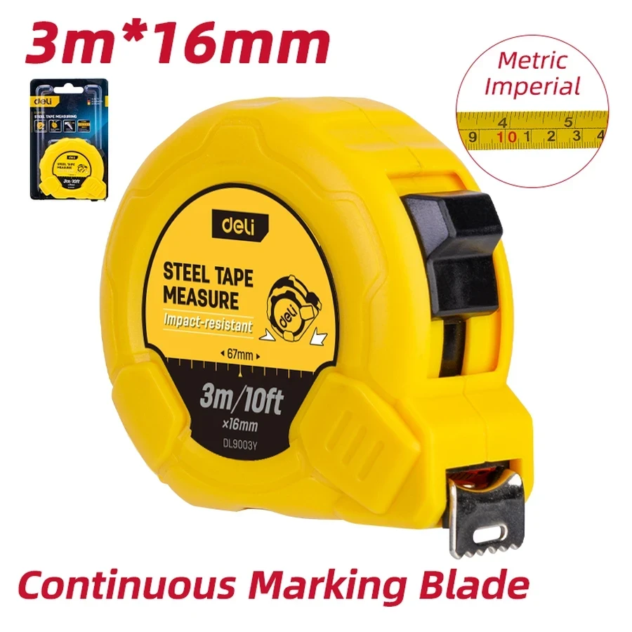 Deli 3m / 10ft x 16mm Professional Retractable Steel Measuring Tape | Heavy-Duty Compact Tape Measure with 1.2m Standout, Belt Clip & Lanyard | EDL9003Y