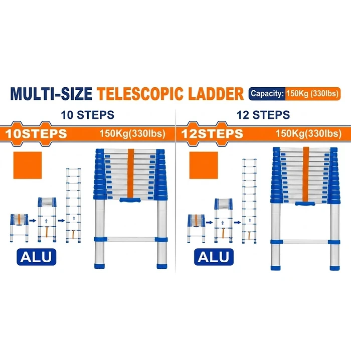 Wadfow Aluminum Extendable Telescopic Ladder (150 Kg Max Load / 3.2M & 3.8M Height) | Portable Heavy Duty Multi-Step Retractable Ladder - WLD5H10 / WLD5H12