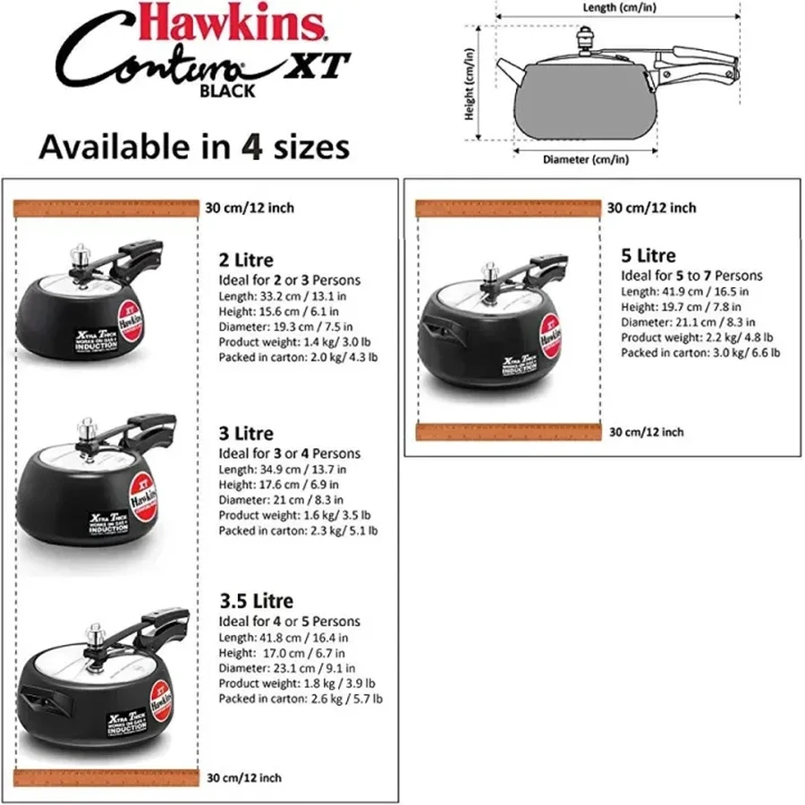 Hawkins CXT30 3L Contura Black XT Pressure Cooker | Hard Anodised Extra-Thick Body | Induction Base | Stainless Steel Lid | Black