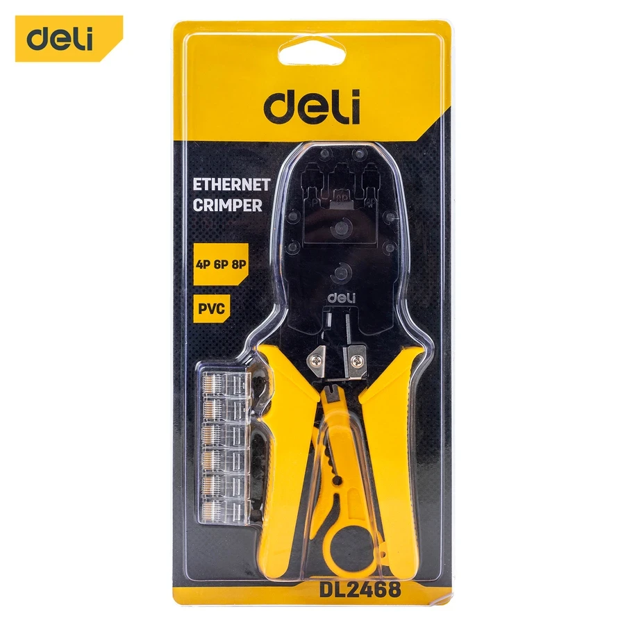 Deli Professional Ethernet Crimper 4/6/8P Multi-Function Tool for Cutting, Stripping & Crimping RJ45/RJ11 Connectors with Cold-Rolled Steel & PVC Grip (Yellow) | EDL2468
