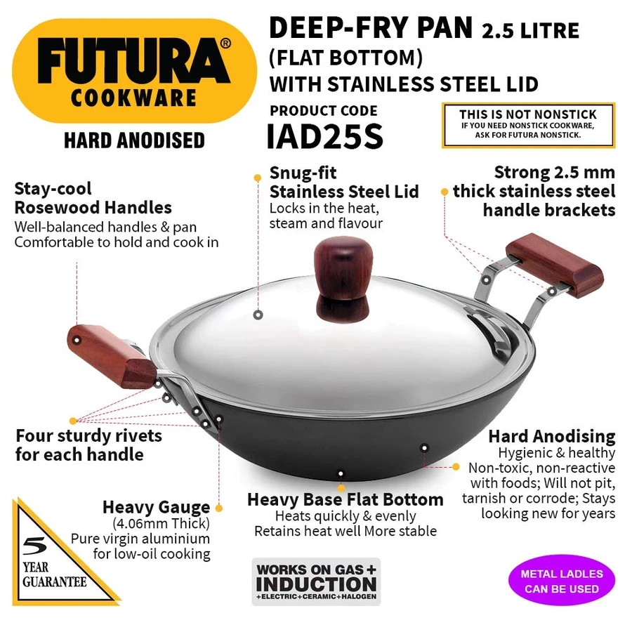 Hawkins IAD25S 2.5L Hard Anodised Deep Fry Pan (Kadhai) | Flat Bottom | Induction Compatible | Rosewood Handles | SS Lid | Black
