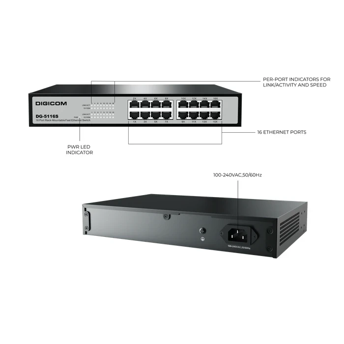 Digicom DG-5116S 16 Port 1U Rack Mount Switch | 10/100 Mbps Fast Ethernet Logic | RLT8316E Chipset & Internal Power System | 16 Ports