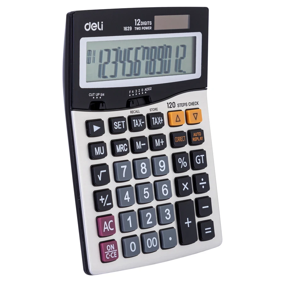 Deli 12-Digit Professional Desktop Calculator | Tax Function (Tax+/Tax-), 120 Steps Check & Correct, Metal Finish (Silver) | E1629