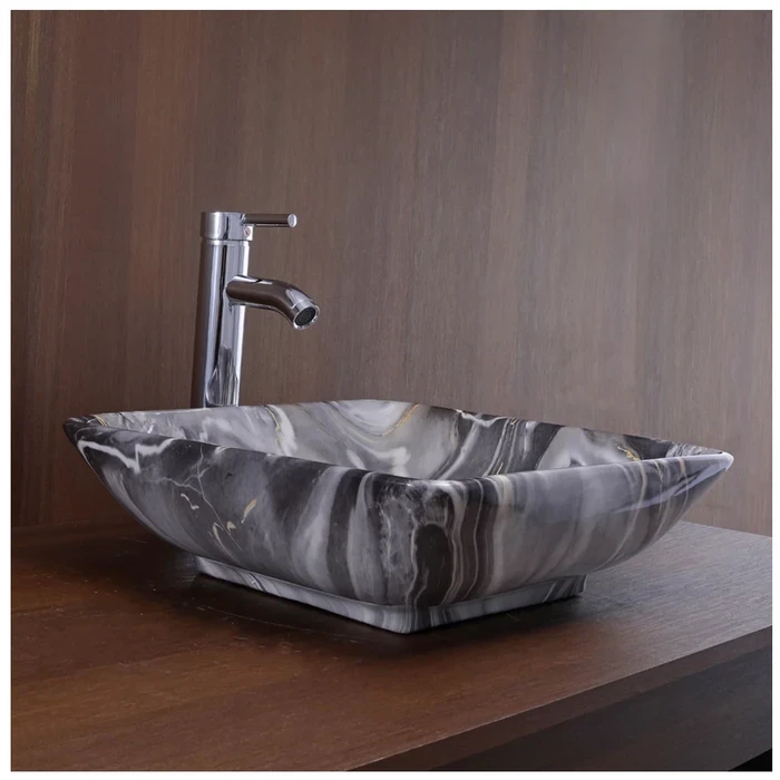 Toyo Mari-347 Ceramic Countertop Art Basin 16"x16" | Black & Grey Marble Premium Finish | Stain Resistant Easy to Clean Bathroom Wash Basin | 440x440x150mm