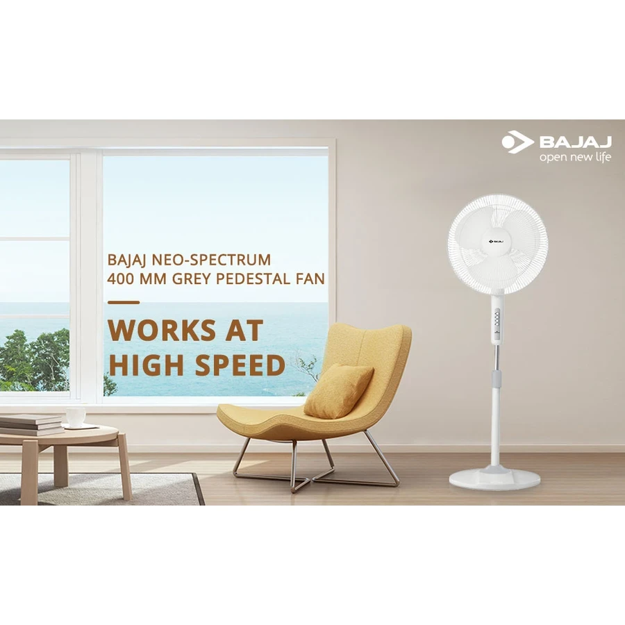 Bajaj Neo Spectrum 16" Pedestal Fan | 2100 RPM High-Speed Copper Motor & 100 CMM Air Delivery | Thermal Overload Protector & Smooth Oscillation | Grey | 250888