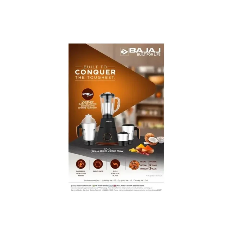 Bajaj Ninja Series Virtue 750W 4 Jar Mixer Grinder | 20000 RPM & Leakproof Jars | Overload Protection | 410595