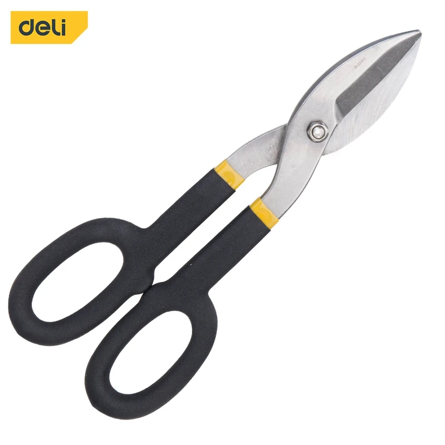 Deli 10" Professional Drop-Forged 55# Carbon Steel Tin Snips | Heavy-Duty Straight Cut Sheet Metal Shears with Double-Dipped Anti-Slip Handles | EDL25910 (Yellow)