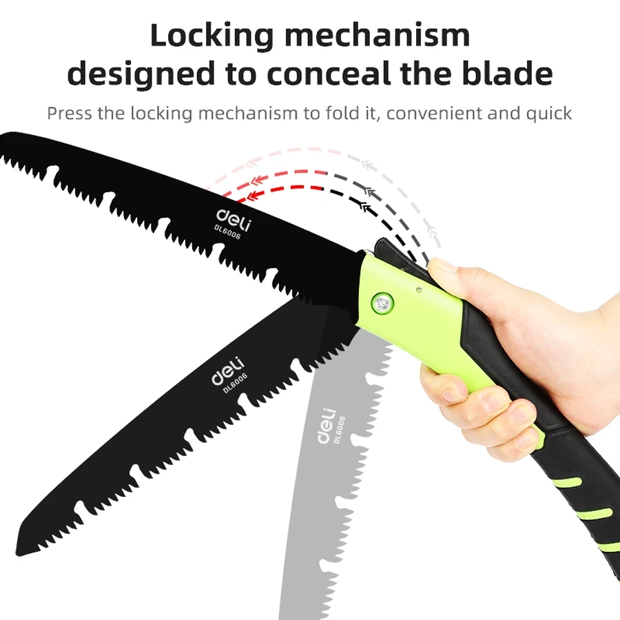 Deli Heavy-Duty Folding Saw 180mm (7") 65Mn Steel Blade with Triple-Ground Quenched Teeth & Safety Lock for Pruning & Camping (Green) | EDL6006
