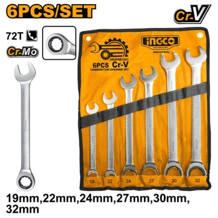 INGCO 6-Piece Metric Ratchet Spanner Set | Chrome Vanadium Drop-Forged Steel & Fine-Tooth Gear Drive | Roll-Up Canvas Pouch | HKSPAR1061