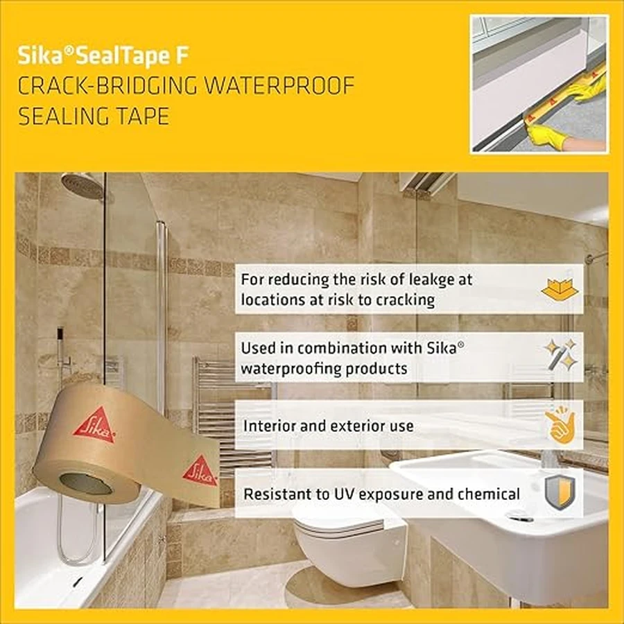 Sika Sika SealTape F Waterproof Joint Sealing Strip 10m to 50m 592178 | Elastomeric Crack Bridging | Bathroom and Terrace Waterproofing | Yellow and Brown