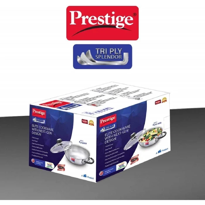 Prestige Triply Splendor Stainless Steel Induction Base Kadai with Tempered Glass Lid (24 CM / 2.7L & 26 CM / 3.25L) | 3-Layer Composite Cookware - Model 37424 / 37425
