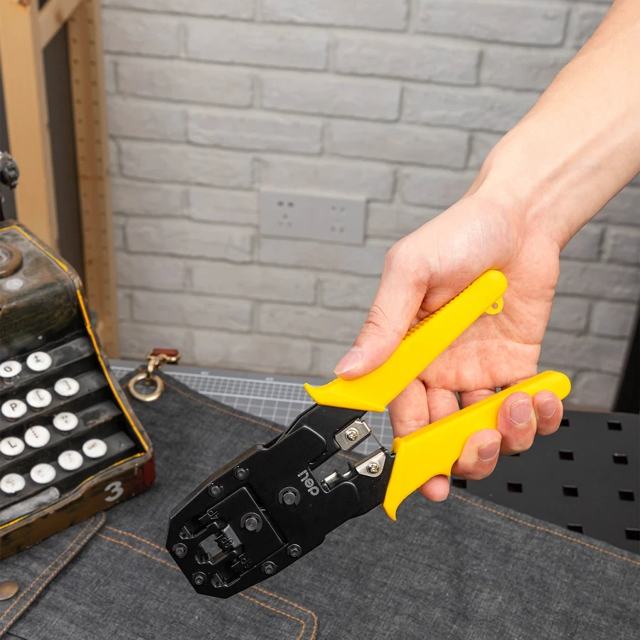 Deli Professional Ethernet Crimper 4/6/8P Multi-Function Tool for Cutting, Stripping & Crimping RJ45/RJ11 Connectors with Cold-Rolled Steel & PVC Grip (Yellow) | EDL2468