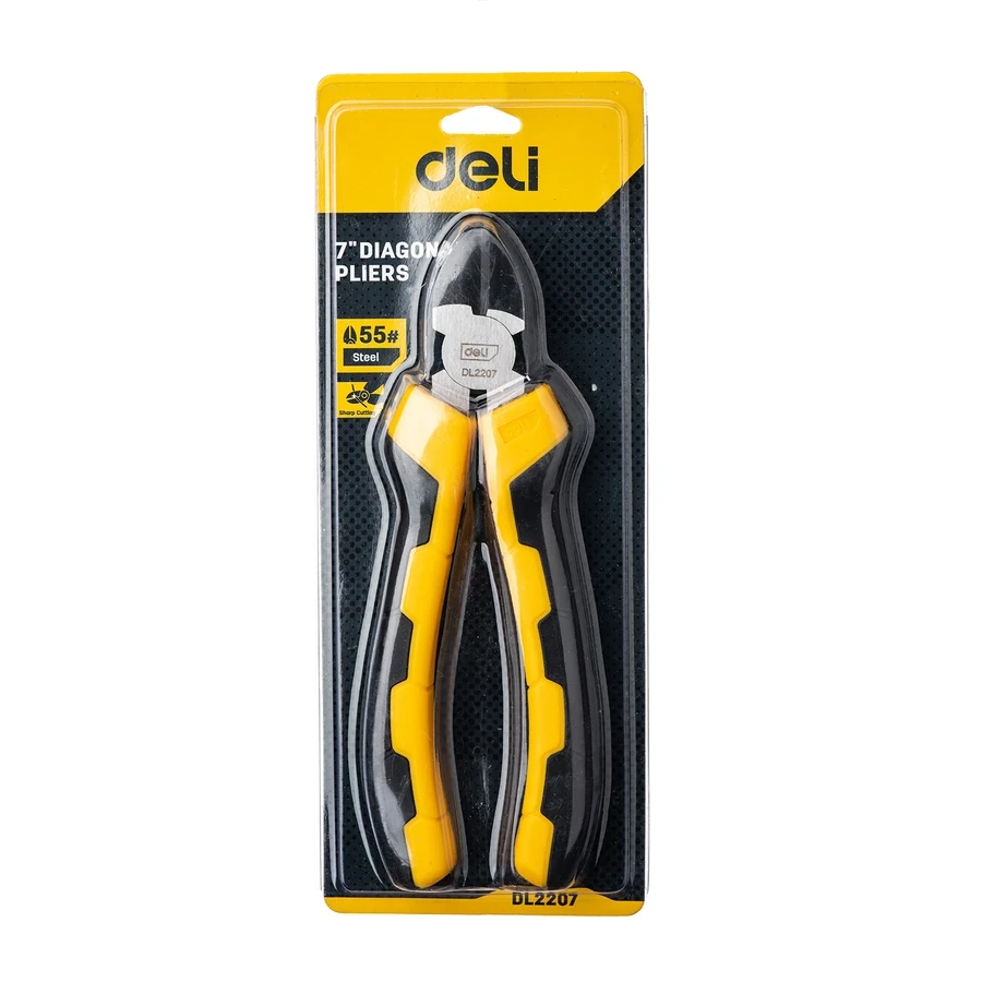 Deli Diagonal Pliers 7" Forged 55# Carbon Steel with 54-62 HRC High-Frequency Quenched Cutting Edges & Ergonomic PVC Handles (Yellow/Black) | EDL2207