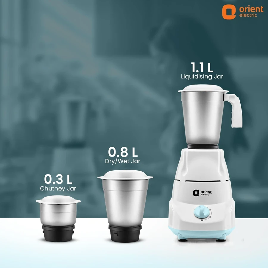 Orient Kitchen Kraft 500W Multi-Purpose Mixer Grinder | 1.2L Capacity with Stainless Steel Jars, Dishwasher Safe Containers & Easy Knob Controls (White)
